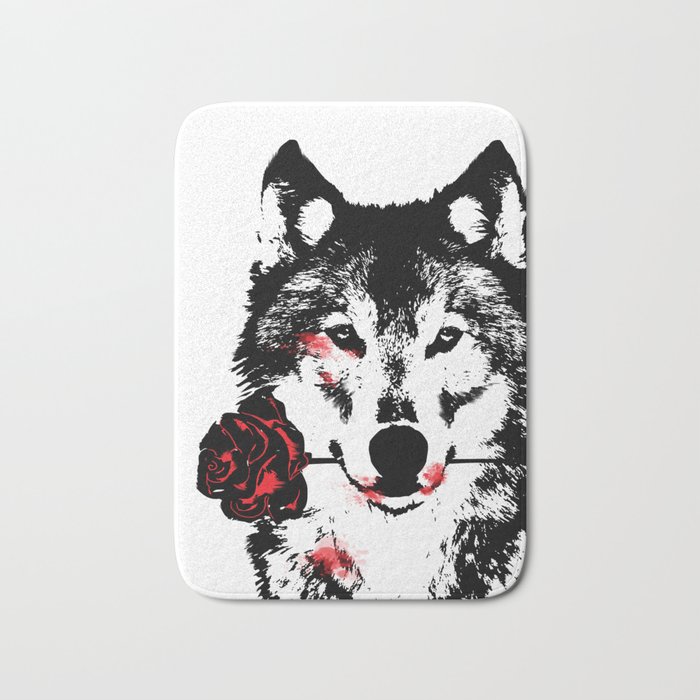 Wolf blood stained, holding a red rose. Bath Mat