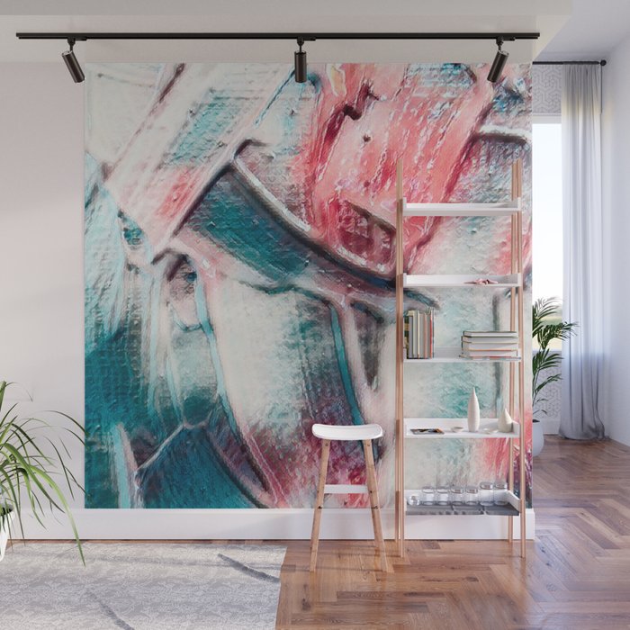 Pink And Turquoise Green Palette Knife Abstract Wall Mural