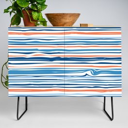 Modern Abstract Ocean Wave Stripes in Classic Blues and Orange Credenza
