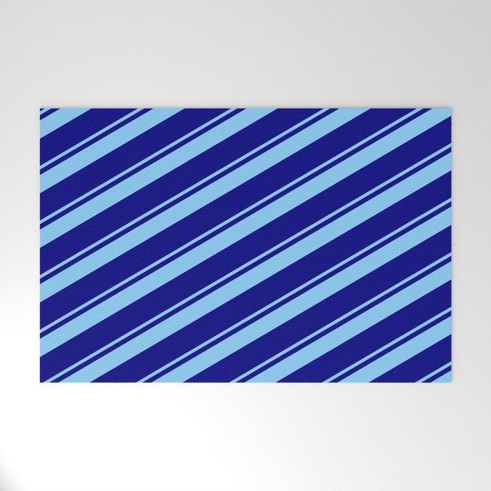 Light Sky Blue & Blue Colored Lined Pattern Welcome Mat