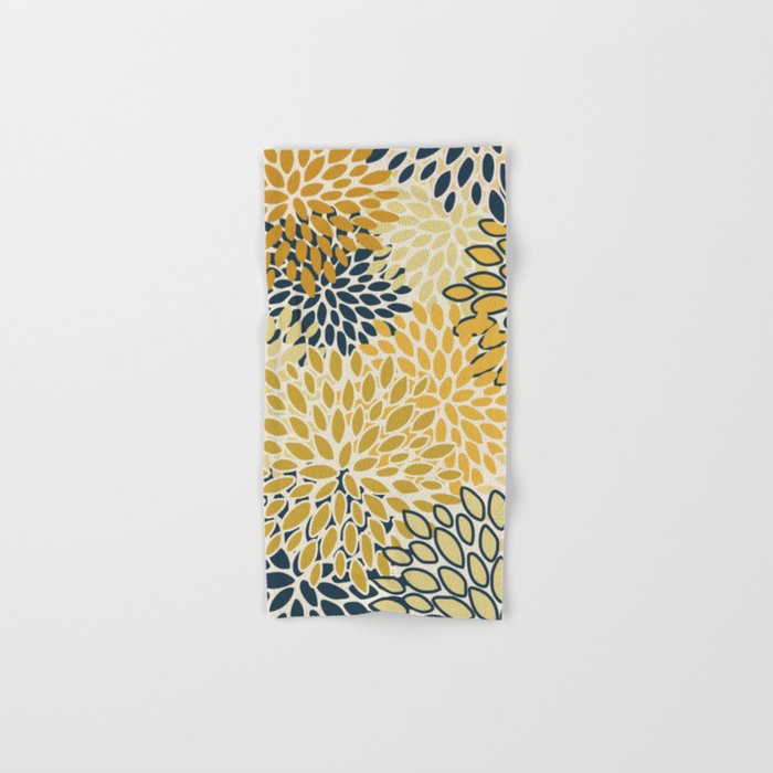 Floral Prints, Abstract Art, Navy Blue and Mustard Yellow, Coloured Prints Hand & Bath Towel