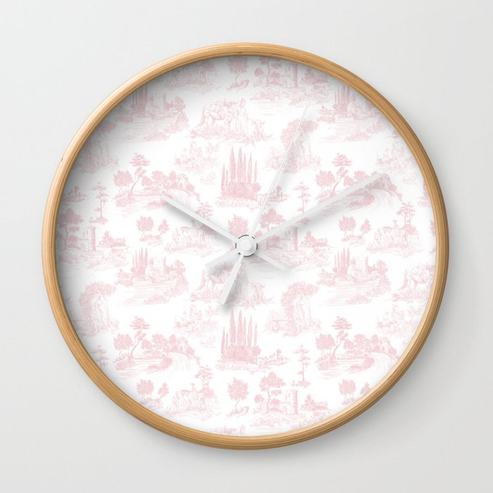 Toile de Jouy Vintage French Romantic Pastoral Baby Pink & White Wall Clock