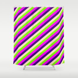 [ Thumbnail: Chartreuse, Fuchsia, Indigo & Bisque Colored Lined/Striped Pattern Shower Curtain ]