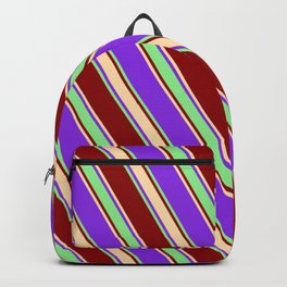 [ Thumbnail: Purple, Light Green, Dark Red & Tan Colored Stripes/Lines Pattern Backpack ]