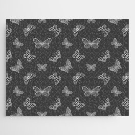 White Butterflies Stencil Seamless Pattern on Dark Grey Background Jigsaw Puzzle