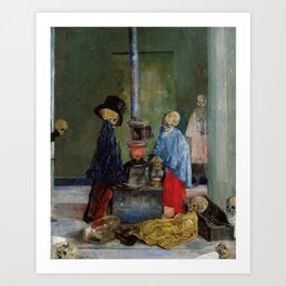 Skeletons warming themselves by old potbelly stove in abandoned factory grotesque art portrait painting by James Ensor Art Print
