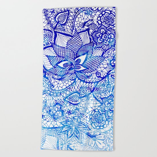 Modern china blue ombre watercolor floral lace hand drawn illustration Beach Towel