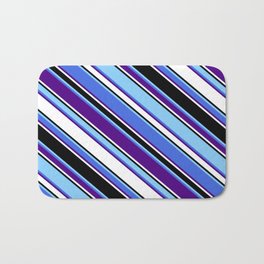 [ Thumbnail: Eyecatching Light Sky Blue, Royal Blue, Indigo, White & Black Colored Lines/Stripes Pattern Bath Mat ]