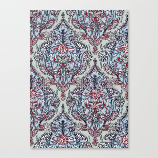 Botanical Moroccan Doodle Pattern in Navy Blue, Red & Grey Canvas Print