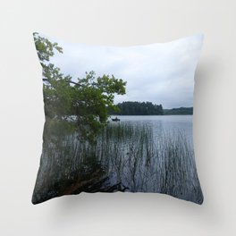Fishing in the morning - View of the lake with a fishing boat - Nature photography Throw Pillow