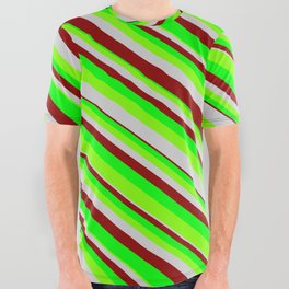 [ Thumbnail: Lime, Chartreuse, Light Grey & Dark Red Colored Stripes/Lines Pattern All Over Graphic Tee ]