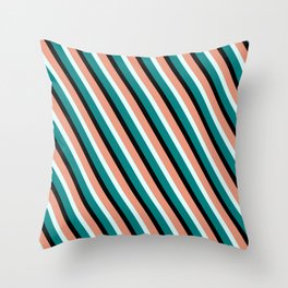 [ Thumbnail: Dark Salmon, Light Cyan, Teal & Black Colored Lined/Striped Pattern Throw Pillow ]