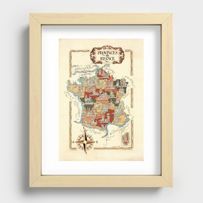 1951 Vintage Map of France and its provinces. Recessed Framed Print
