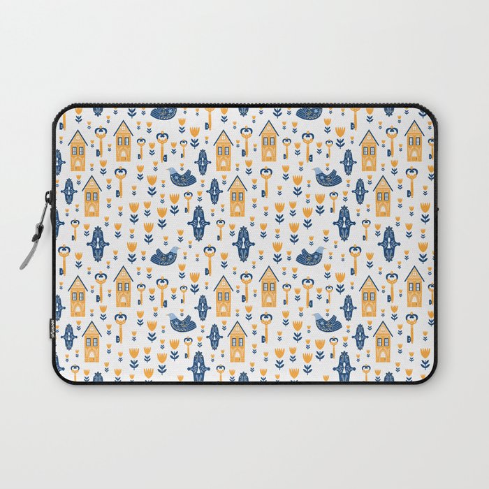 Scandi Houses Welcome Home with Birds and Botanical Smaller Pattern Laptop Sleeve