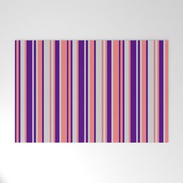 [ Thumbnail: Light Coral, Light Gray & Indigo Colored Lines Pattern Welcome Mat ]