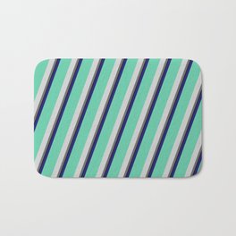 [ Thumbnail: Vibrant Midnight Blue, Aquamarine, Light Gray, Dim Gray, and Black Colored Pattern of Stripes Bath Mat ]
