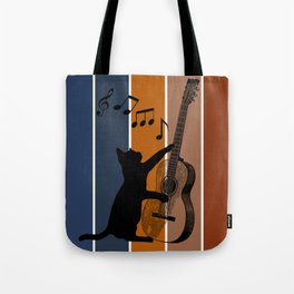 Cat playing music. Blue, orange and brown background. Tote Bag