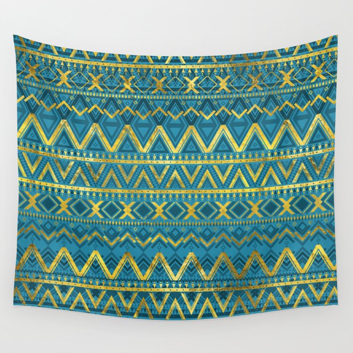 Tribal  Ethnic Boho Pattern gold and teal Wall Tapestry