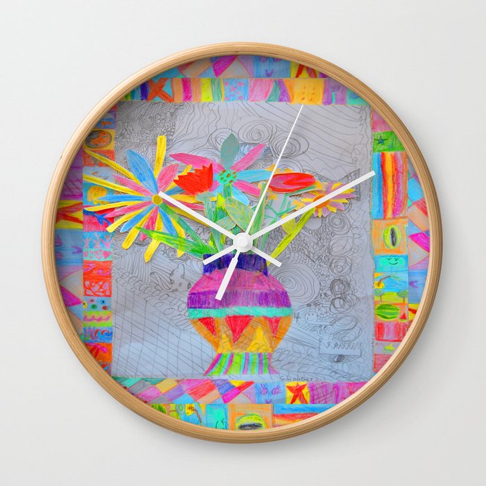 Flower Vase Kids Painting 3d Collage Wall Clock By Azima Society6