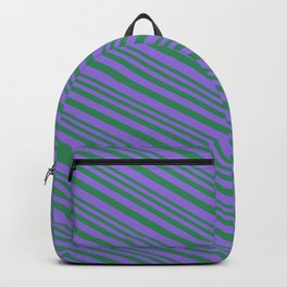 [ Thumbnail: Sea Green and Purple Colored Lined Pattern Backpack ]