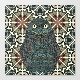 Cute burrowing owl decorated and on a patterned background - Golden-brown and red Canvas Print