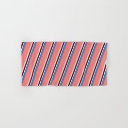 [ Thumbnail: Eyecatching Blue, Light Coral, Light Grey, Dark Red, and White Colored Stripes Pattern Hand & Bath Towel ]