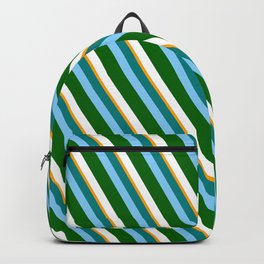 [ Thumbnail: Vibrant Teal, Light Sky Blue, Dark Green, White, and Orange Colored Pattern of Stripes Backpack ]