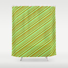 [ Thumbnail: Green & Dark Goldenrod Colored Stripes/Lines Pattern Shower Curtain ]