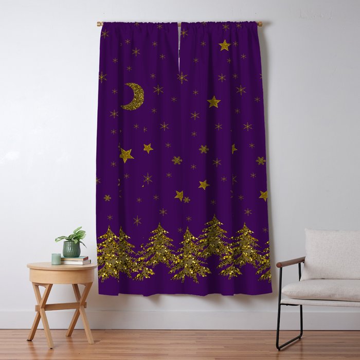 Sparkly Gold Christmas Tree Moon Stars On Purple Blackout