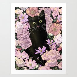 Little Black Garden Cat - Pink Flowers Art Print