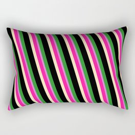 [ Thumbnail: Vibrant Deep Pink, Beige, Black, Forest Green, and Orchid Colored Lines Pattern Rectangular Pillow ]