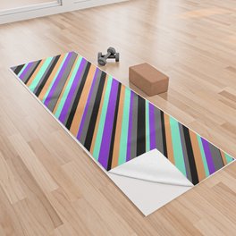 [ Thumbnail: Eye-catching Black, Dim Grey, Purple, Aquamarine & Brown Colored Stripes/Lines Pattern Yoga Towel ]
