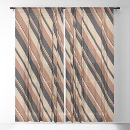 [ Thumbnail: Tan, Sienna & Black Colored Lines/Stripes Pattern Sheer Curtain ]