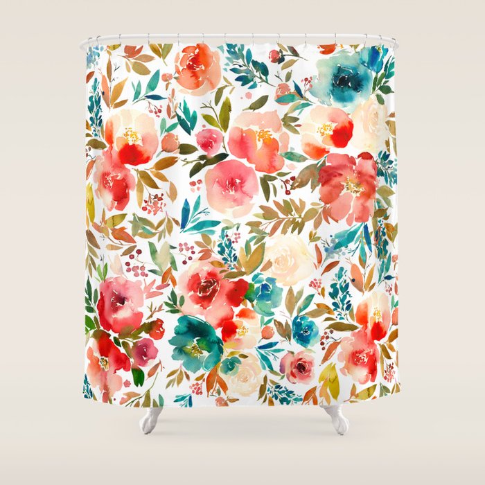 Red Turquoise Teal Floral Watercolor Shower Curtain by