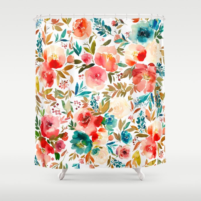Red Turquoise Teal Floral Watercolor Shower Curtain