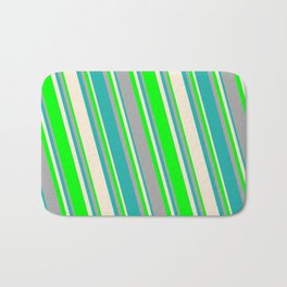 [ Thumbnail: Beige, Lime, Dark Gray, and Light Sea Green Colored Pattern of Stripes Bath Mat ]
