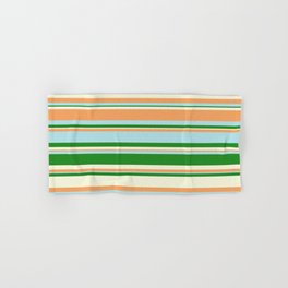 [ Thumbnail: Forest Green, Beige, Brown & Powder Blue Colored Striped Pattern Hand & Bath Towel ]