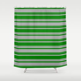[ Thumbnail: Dark Gray and Green Colored Striped Pattern Shower Curtain ]