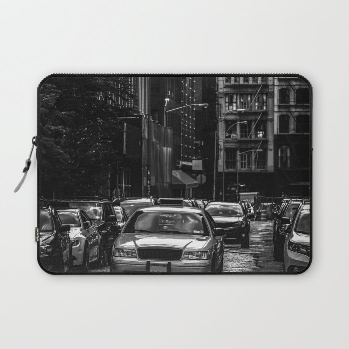 New York City Manhattan street with yellow taxi cab black and white Laptop Sleeve