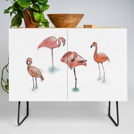 Watercolor and ink flamingo flock sketches Credenza