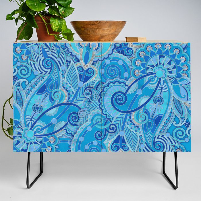 Paisley Ornament - Sky Blue and silver Credenza