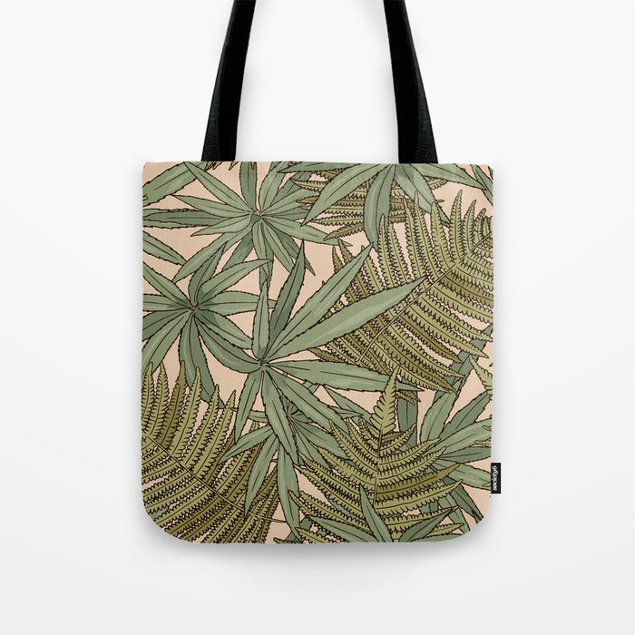 Vintage tropical pattern with fern and long leaves on beige background Tote Bag