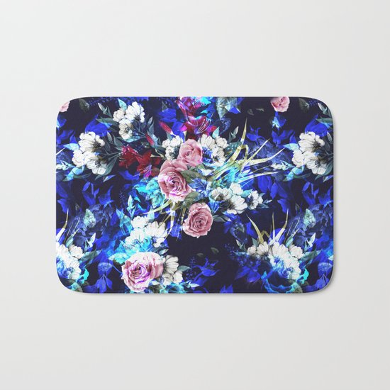 Dark Blue Floral Pattern Bath Mat