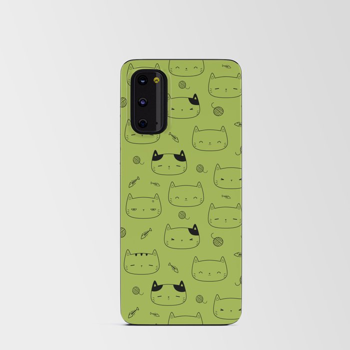 Light Green and Black Doodle Kitten Faces Pattern Android Card Case