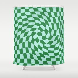 Blue and green warped check retro pattern Shower Curtain