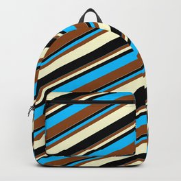 [ Thumbnail: Deep Sky Blue, Brown, Light Yellow & Black Colored Lines Pattern Backpack ]