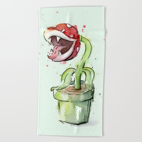 Piranha Plant Watercolor Geek Gaming Mario Art Beach Towel