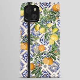 Sicilian Citrus, Mediterranean tiles & vintage lemons & orange fruit pattern iPhone Wallet Case
