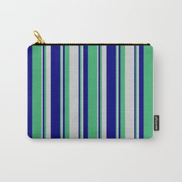 [ Thumbnail: Blue, Sea Green, and Light Grey Colored Lines/Stripes Pattern Carry-All Pouch ]