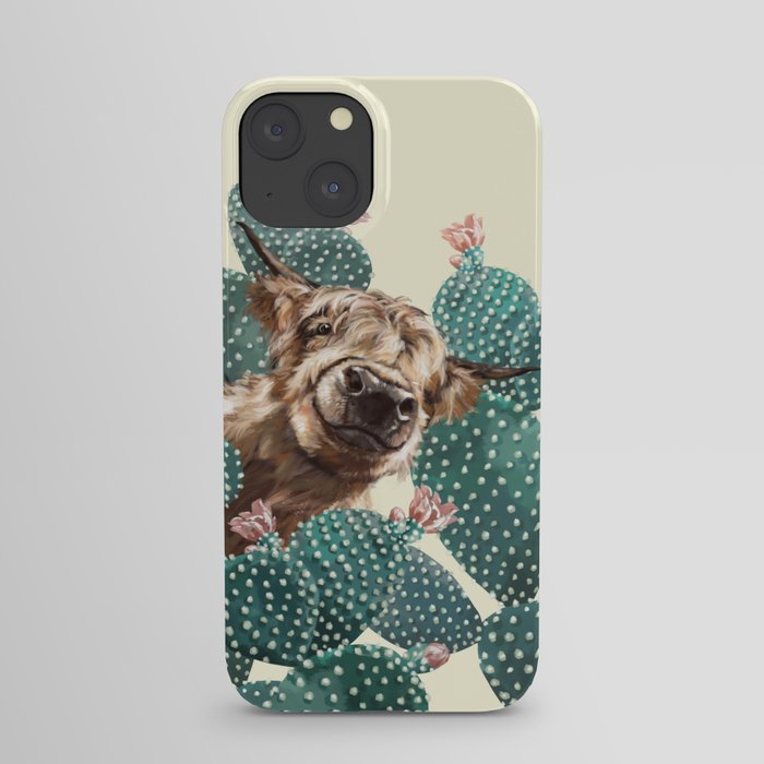 Sneaky Highland Cow and Cactus in yellow iPhone Case